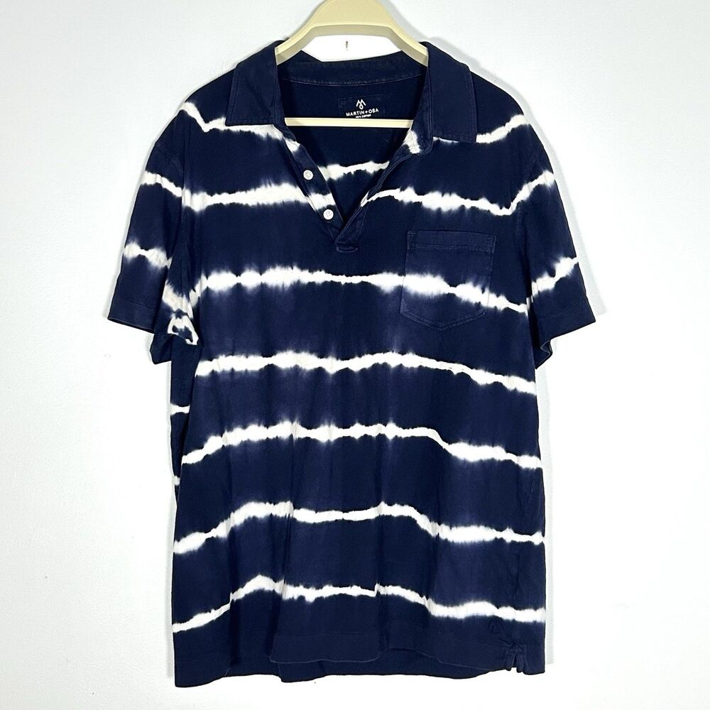 Martin + Osa Polo Shirt Mens L Navy White Tie Dye Stripe 100% Cotton Pocket
